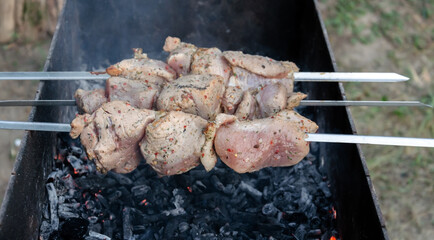 grilled meat, cooking on charcoal, tasty street food,