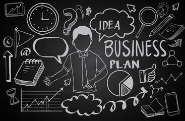 Business Idea doodles icons set. Vector illustration. isolated on blackboard background.