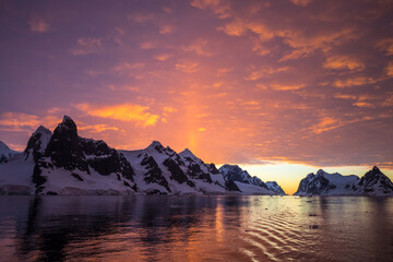 Amazing sunset in Antarctica at the Lemire Channel