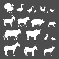 Vector Set of Farm Animals White Silhouettes.