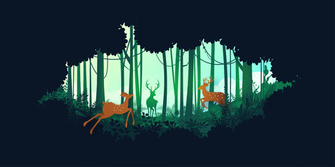 Green silhouette jungle tropical rain forest and deer wildlife