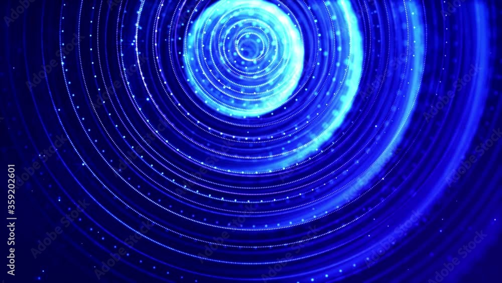Poster 4k looped science fiction particle background with bokeh and light effects. glow blue particles form