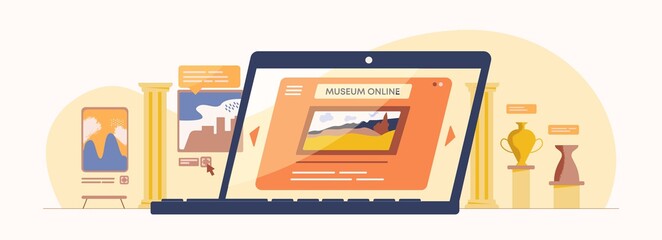 Online museum illustration. Web application digital antique exhibition viewing cultural historical exposition without leaving home mobile tour interactive vector gallery.