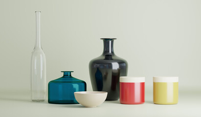 bottles and various tableware isolated on white 3DCG illustration