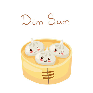 Kawaii Dim Sum dish vector characters isolated on white background. Funny smiling & happy stuffed asian dumplings. Cute yummy food mascot illustration. Kids menu concept for food hall, post card.