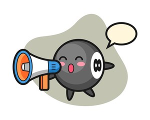 Naklejka premium Eight ball billiard cartoon holding a megaphone
