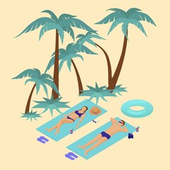 Fototapeta na wymiar Couple sunbathes on tropical beach isometric. Guy girl lie litter next to rubber ring cocktail ice and camera purple slippers summer vacation under green palm trees sea yellow vector sand.