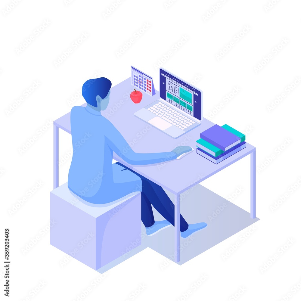 Poster man sitting at desktop with laptop isometric illustration. character using behind open device next t