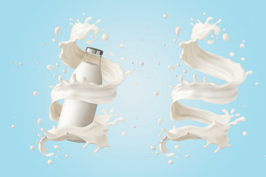 Glass Milk Bottle With Twisted Milk Splash, Include Clipping Path, 3d Rendering.