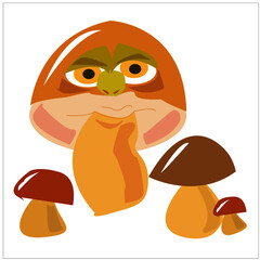 Several mushrooms, one of which with eyes and a smile