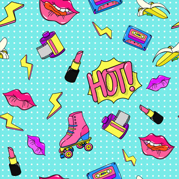 Art style 90s pop pattern. Seamless retro color music cassette lightning bright lipstick red reel film photographic stylish roller skates design vector 80s and 90s brightly clipart painted hot lips.