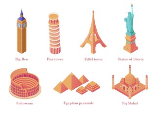 Architectural tourist attractions isometric. Old historical monuments Big Ben London leaning tower in Pisa Eiffel Tower in Paris Statue Liberty in New York Colosseum Rome complex of Egyptian pyramids.