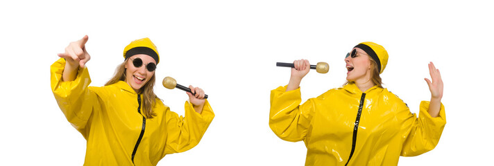 Woman in yellow suit isolated on white