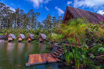 Beautiful landscape shot of wooden made hut on a lake in Desa Bambu, Bandung.