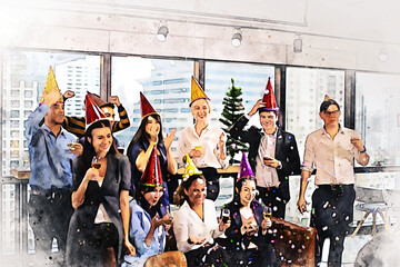 Abstract colorful happiness business person enjoyment party in office watercolor illustration painting background.