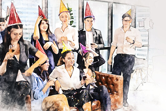 Abstract colorful happiness business person enjoyment party in office watercolor illustration painting background.