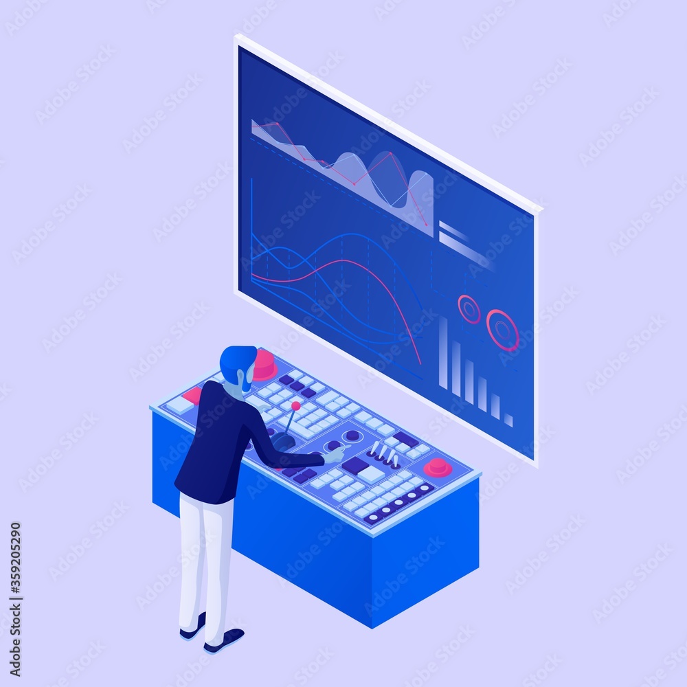 Poster character conducts web analytics isometric concept. man with control panel testing analytical strate