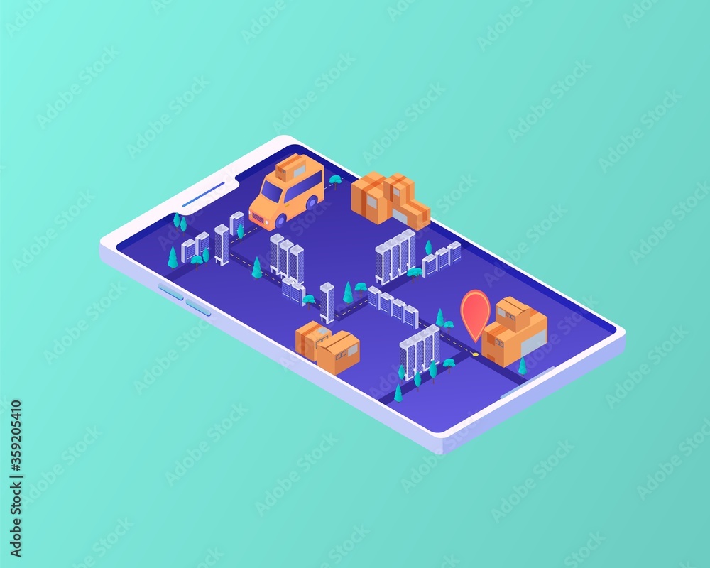 Poster delivery route in smartphone isometric concept. mobile navigation logistics order routes using smart