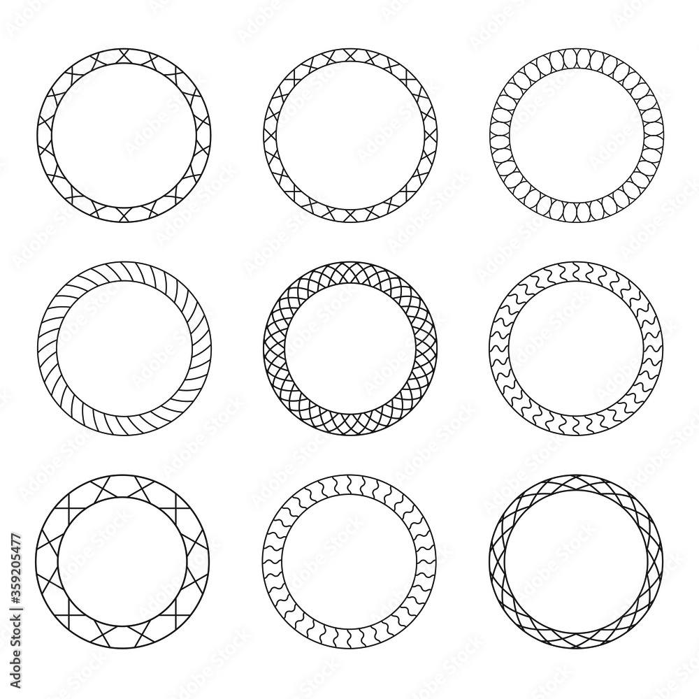 Poster set of black vintage circular frames with ornament. a set of abstract black symbols. collection of r