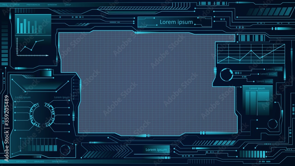 Poster hud tech interface future. futuristic virtual callouts grid display green ui hologram user dashboard