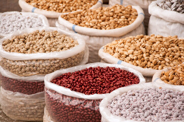 Nuts assortment in bags at Siab Bazaar in Samarkand, Uzbekistan