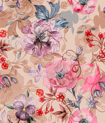 Watercolor bright floral pattern with violets, pink flowers daisies, lilies and butterfly on beige background.