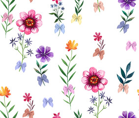 Watercolor bright style floral pattern with  flowers daisies and multi-colored bows on white background.