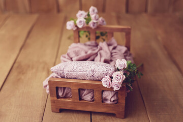 Newborn Digital Background Spring rose Basket Prop for Newborn. For boys and girls. Wood back. shoot set up with prop bed and wood backdrop