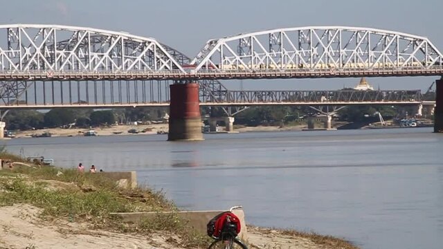 Ava (Inwa) bridge crossing Irrawady (Ayeyarwady) river in Sagaing near Mandalay, Myanmar