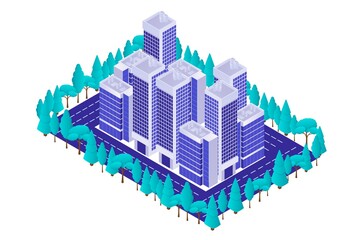 Business quarter with skyscrapers and park isometric. Center modern city business high rise buildings highway and green trees on sidelines colorful city exterior vector perspective.