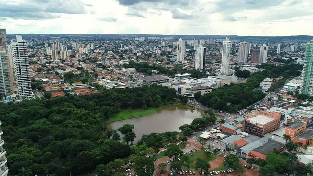Aerial view of the city of Goi&acirc;nia, state of Goi&aacute;s, Brazil. City divided between an area full of buildings and others of residential houses. Concept of population growth increasing.