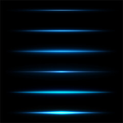 Realistic lighting effects. Horizontal optical lens flare. Blue shining beam. Set of transparent vector effects for design isolated on black background
