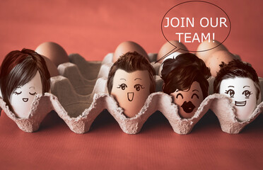 Faces on the eggs, join our team, looking for teammate, funny recruitment business concept - 359206063