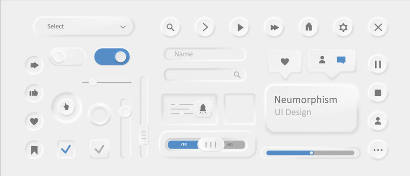 Icons in style of neomorphism. Modern ui design with stylish blur and shadow intensity unique futuristic white design trendy minimalistic buttons creative vector.