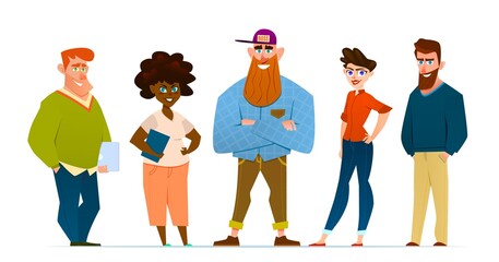 Business team. Group of positive office workers of various nationalities and genders. Trendy modern flat style cartoon illustration.