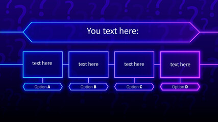 Neon quiz template. Stylish game contest with choice of right answer in neon glowing banner frame fun vector knowledge tournament information show I want to know everything.