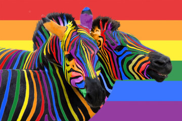 Two colorful zebras painted in the colors of the rainbow cuddle on the background, painted in the...