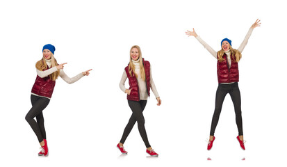 Blond hair girl in bordo vest isolated on white