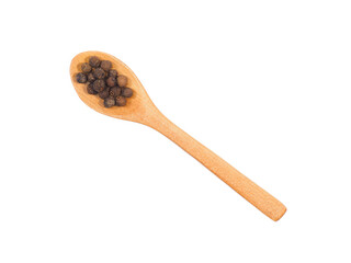 Spice allspice in wooden spoon isolated on white