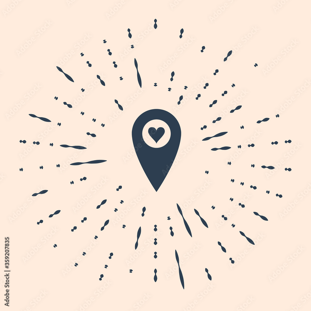 Poster black map pointer with heart icon isolated on beige background. valentines day. love location. roman