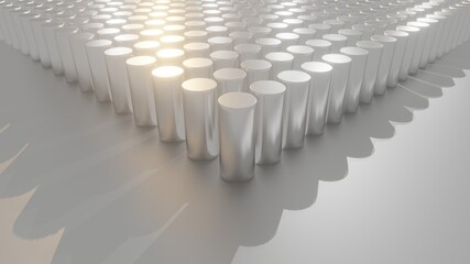 An image created with a three-dimensional program Pictures of many golden alloy cylindrical rods And has white reflections