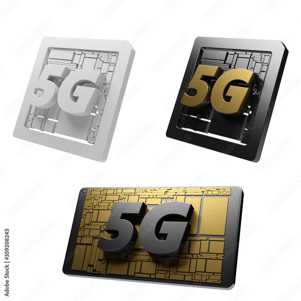 Poster 3d render of abstract concept of 5g sim cart. 5g text title line.