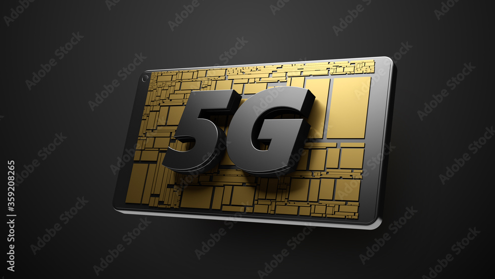 Poster 3d render of abstract concept of 5g sim cart. 5g text title line.