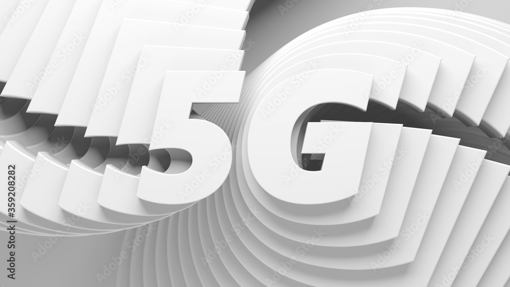 Poster 3d render of abstract 5g text title line repeated in back.