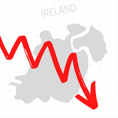 Ireland map with falling arrow. Financial stagnation, recession, crisis, business crash, stock markets down, economic collapse. Downward trend concept illustration on white background 
