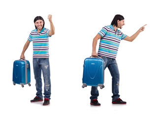 Young man travelling with suitcases isolated on white