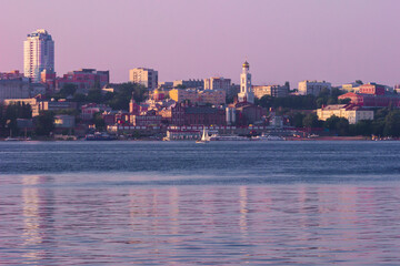 Sunrise over the river Volga in Samara city, Central Russia.