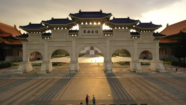 Aerial view 4k footage by drone of Front gate of Chiang Kai Shek Memorial hall in Taipei City, Taiwan. 