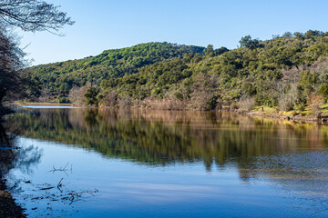Reflections in the water of a small lake in the Esterel hills.
