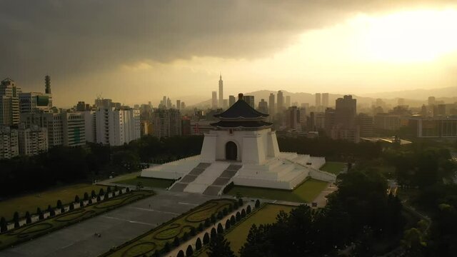 Aerial view 4k footage by drone of The National Chiang Kai shek Memorial Hall.